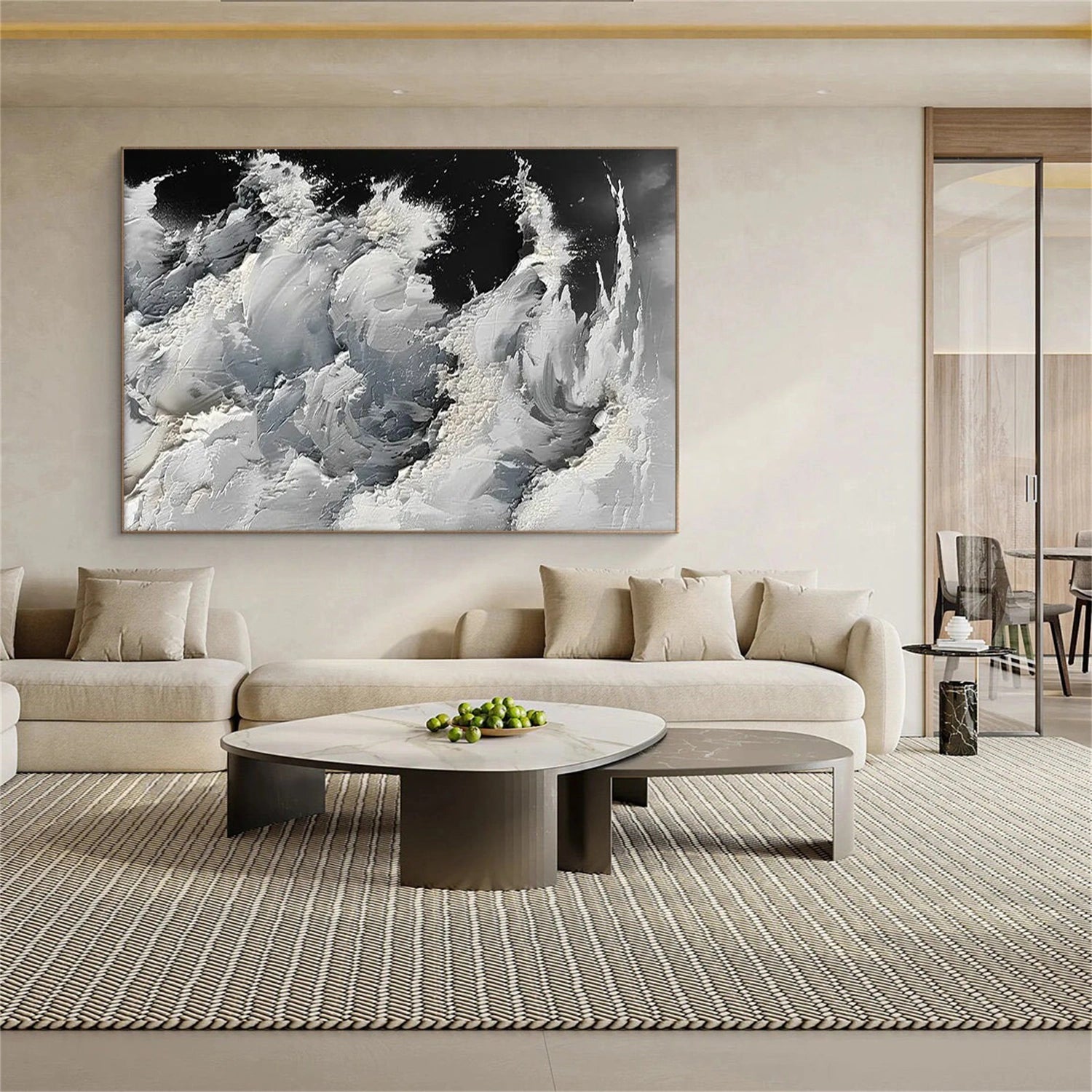 Black & White Ocean And Sky Abstract Textured Canvas Art #OS340