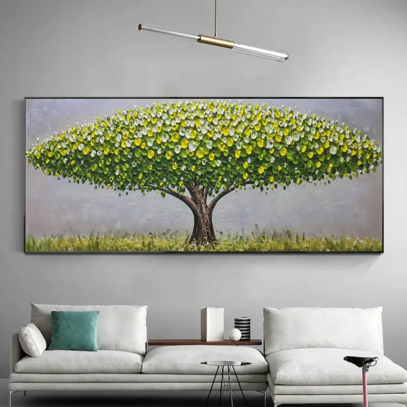 Large spring tree painting, green tree landscape mural, lush tree wall