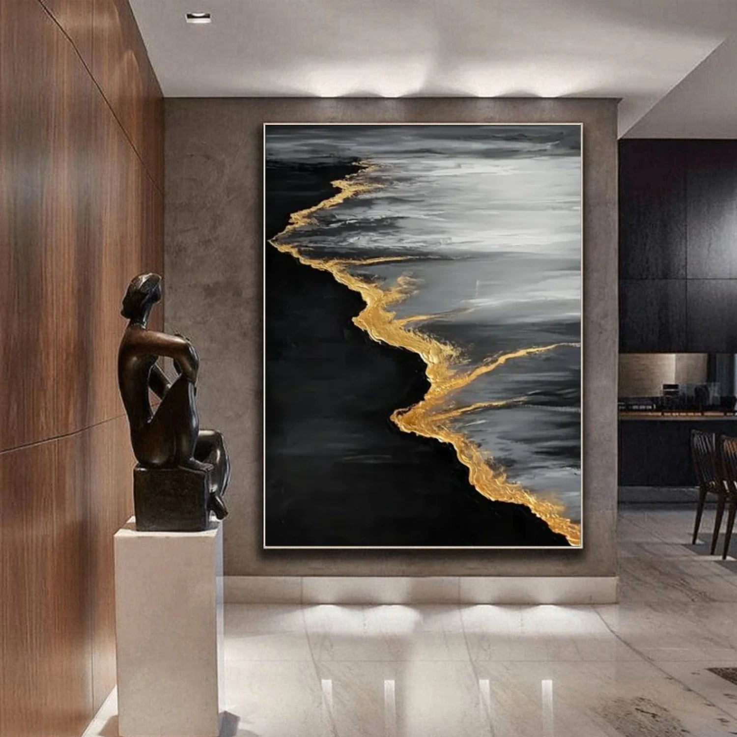 Black & Gold Ocean And Sky Abstract Textured Canvas Art #OS 288