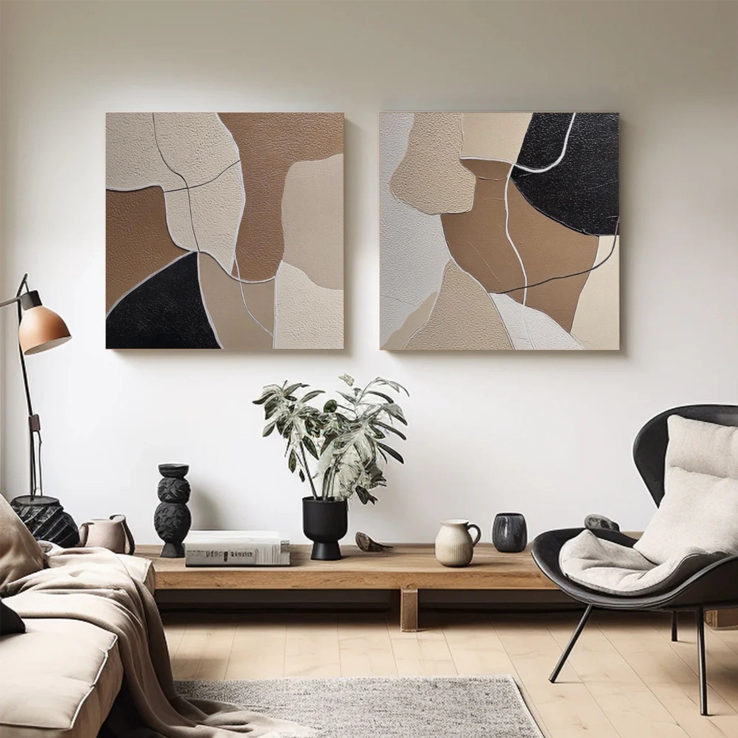 Beige & Brown Abstract Textured Square Set of 2 Wall Art #AB 562