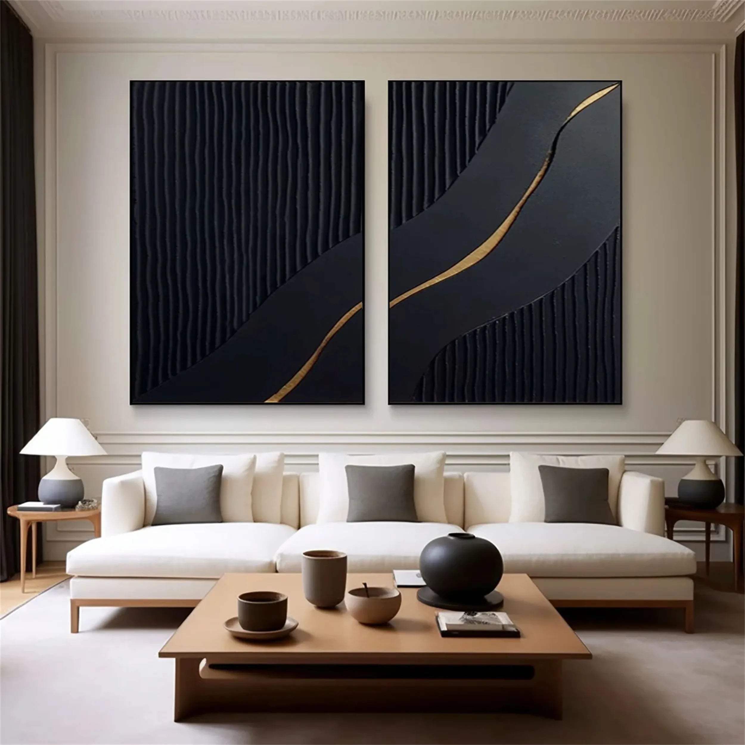 Black Gold Minimalist Textured Paintings Set of 2 #MZ080