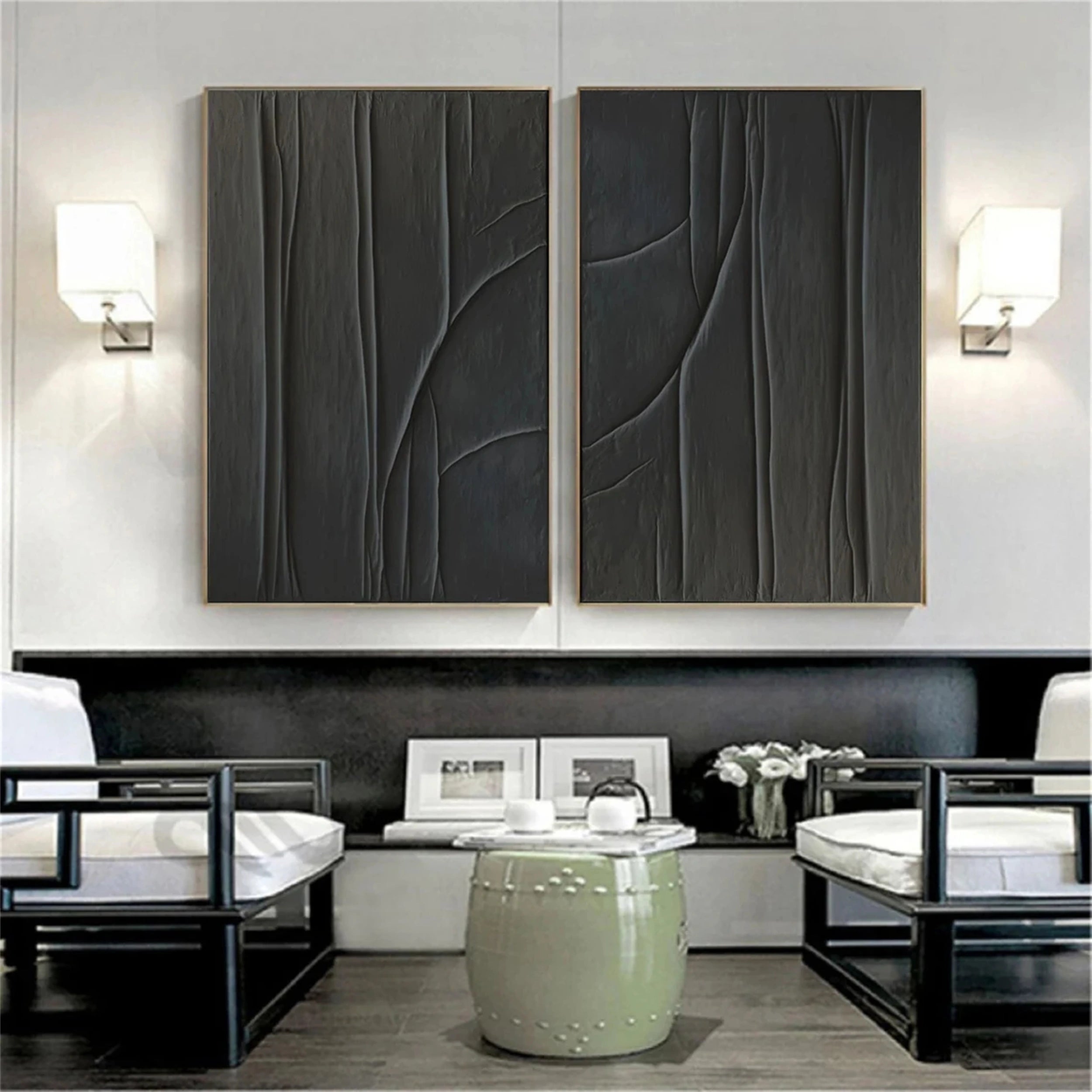 Black Minimalist Textured Painting Canvas Set of 2 #MZ078