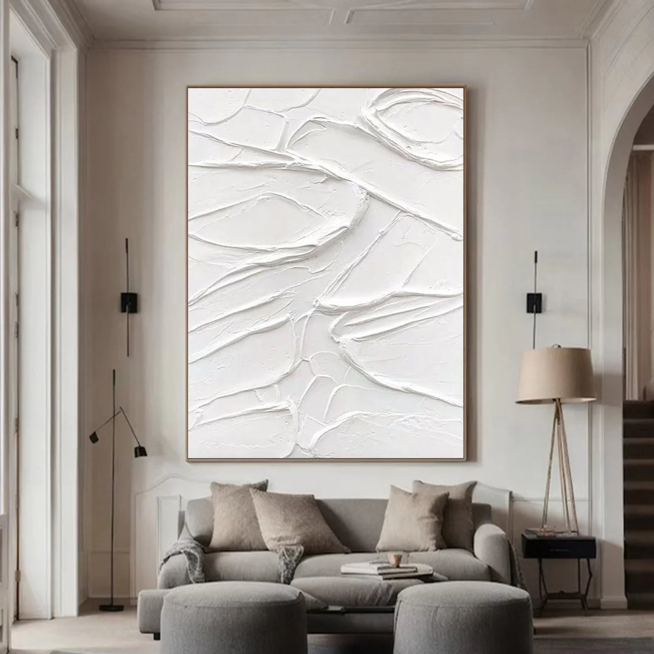 White 3D Textured Painting,White and Light Green Textured Painitng,Minimalist Texture Wall Art,White store Wall Decor,Abstract Art Home Decor