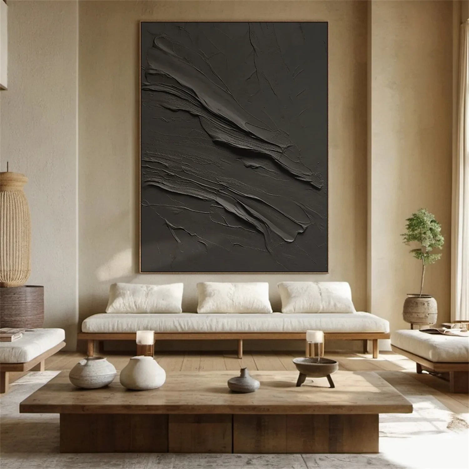 Black Plaster Art Minimalist Textured Painting #MZ110