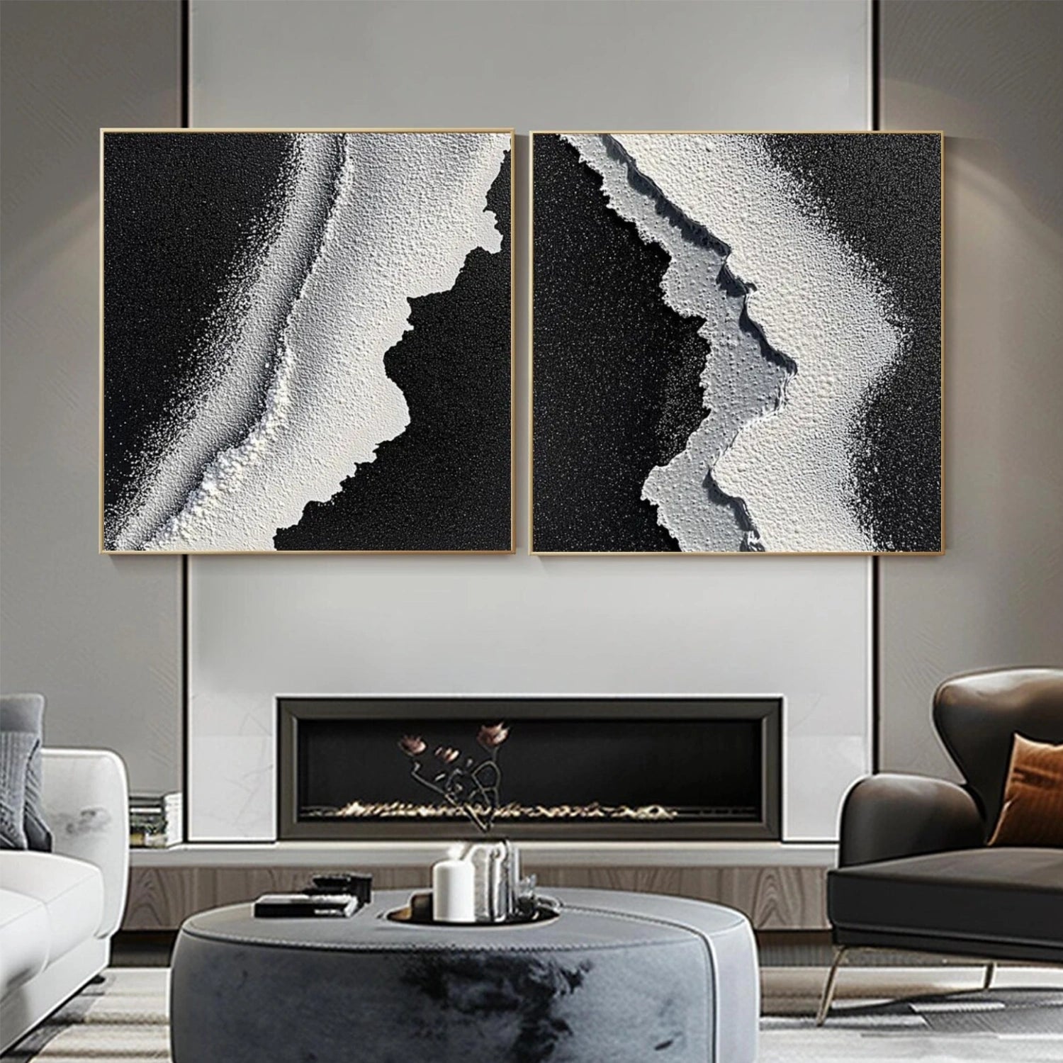 Black & White Ocean And Sky Abstract Textured Square Set of 2 Canvas Art #OS 315
