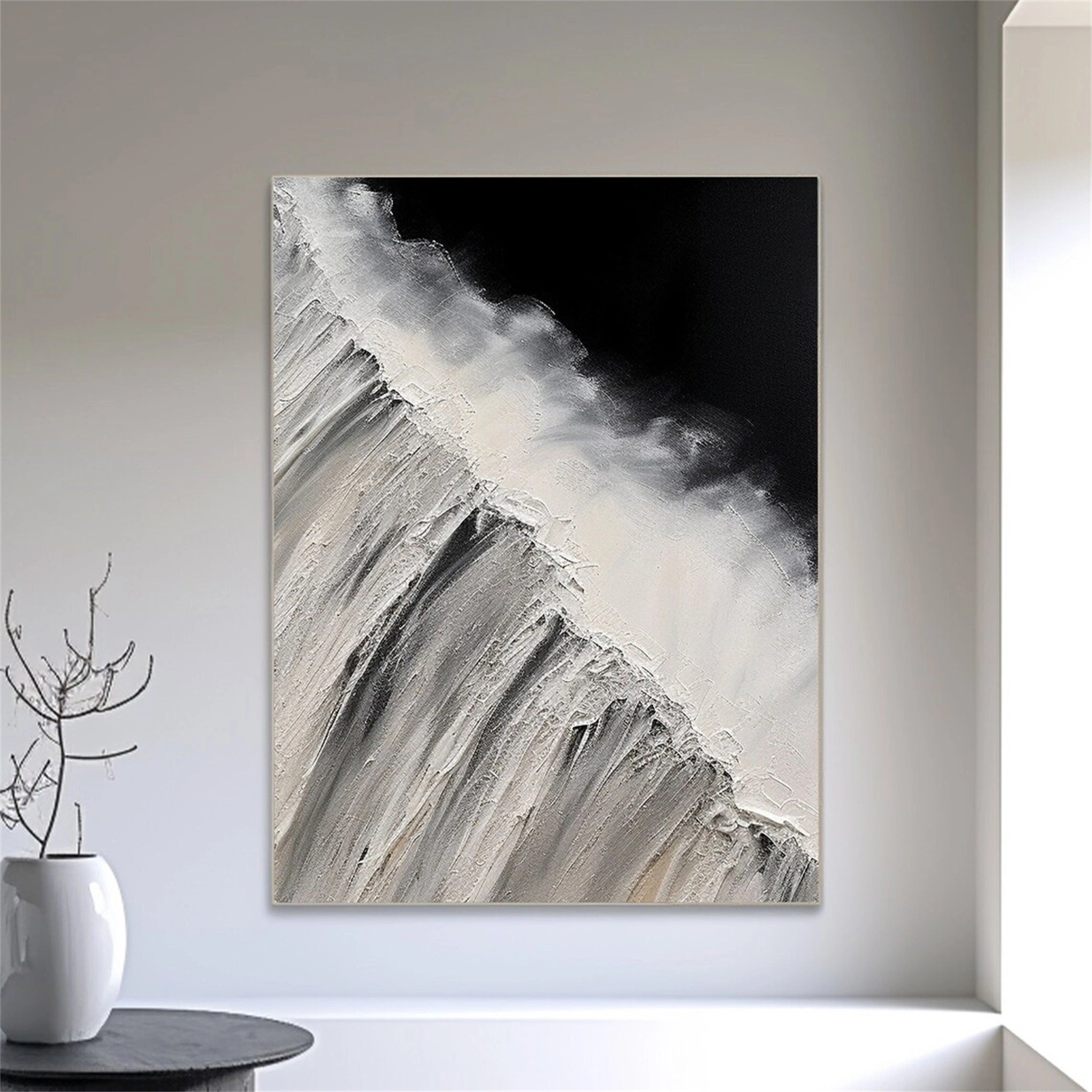 White & Black Minimalist Textured Painting Canvas #MM155
