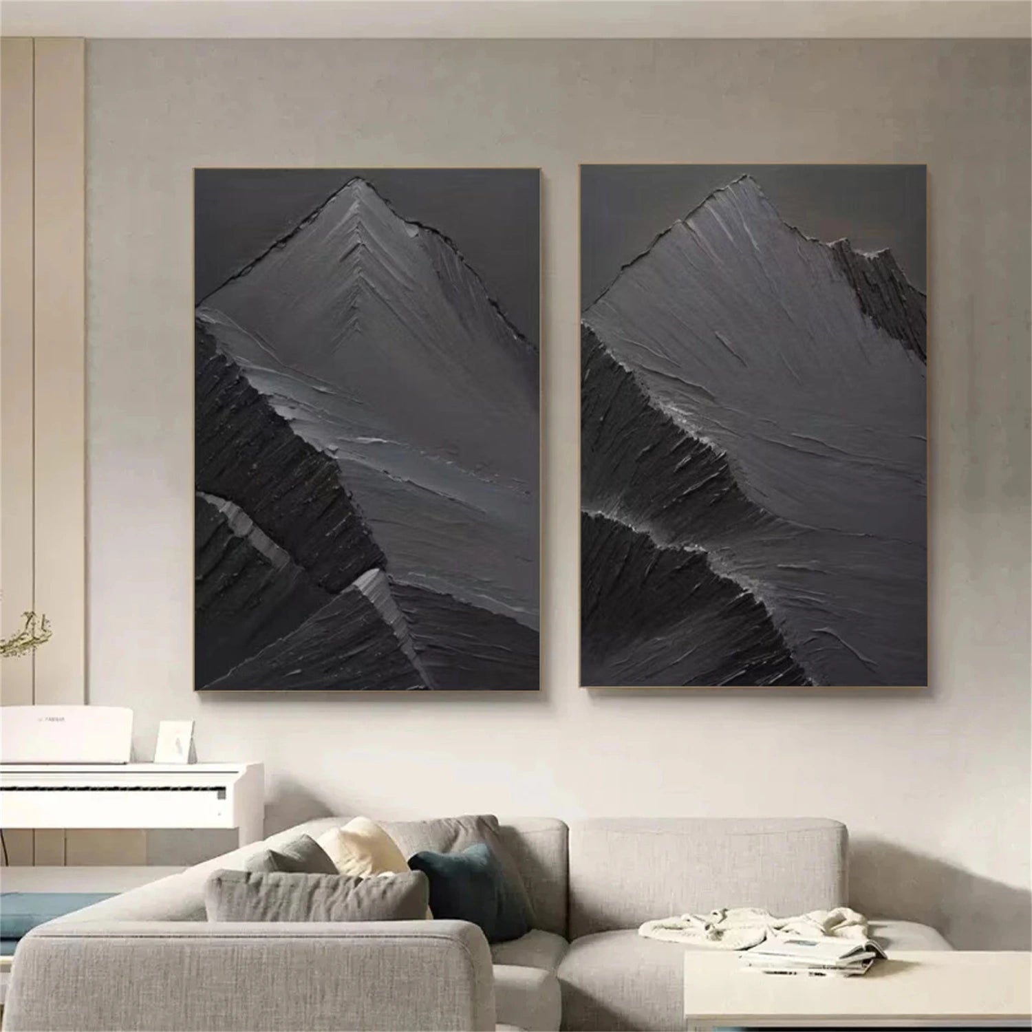 Black Minimalist Mountain Textured Set Of 2 Painting #MZ147