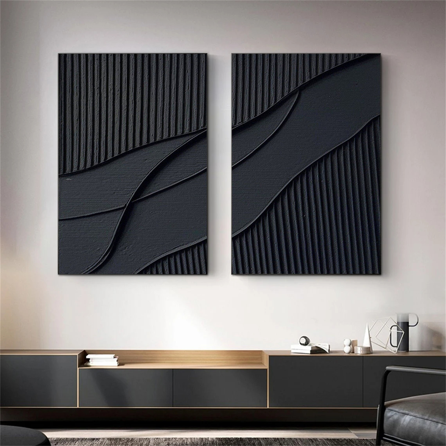 Set of 2 Minimalist Black Textured Original Painting Wall Decor #MZ043