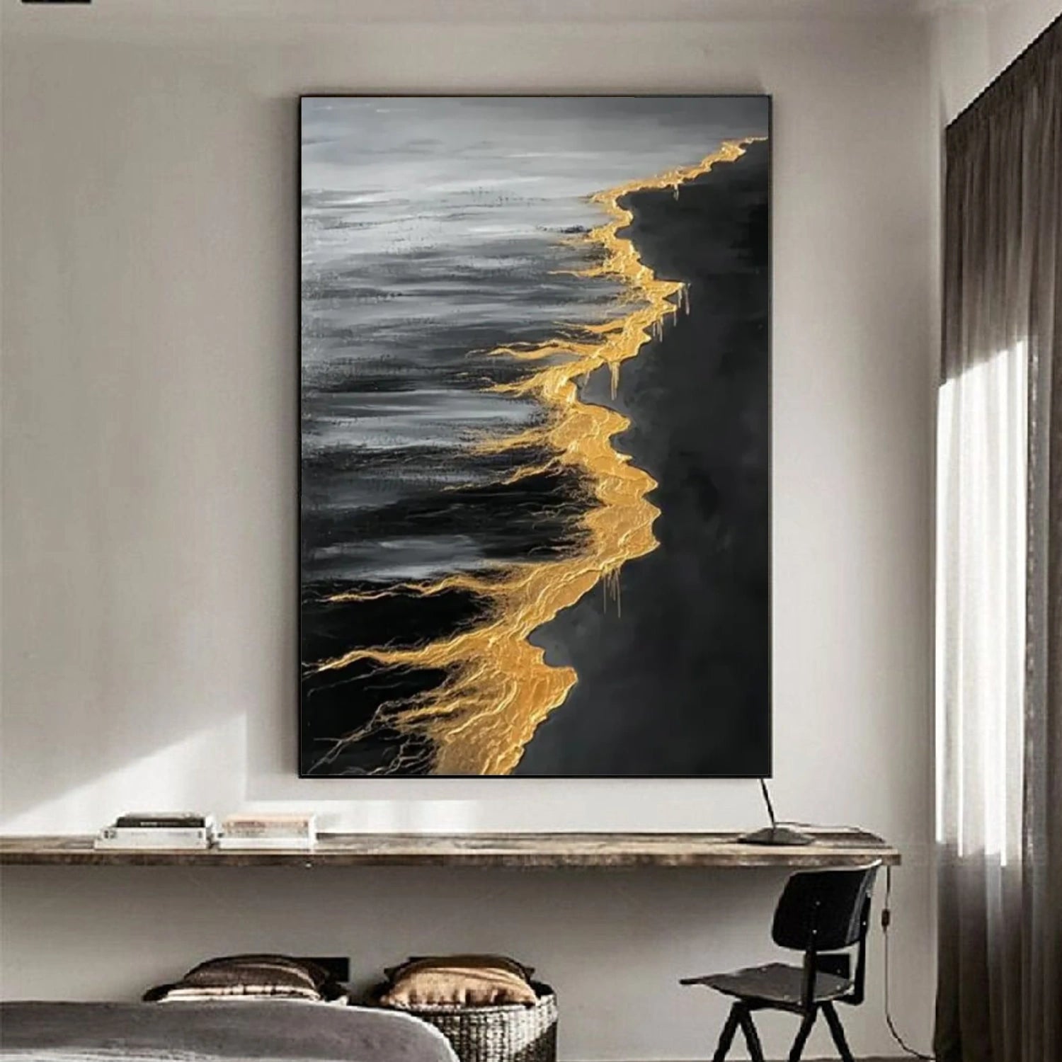 Black & Gold Ocean And Sky Abstract Textured Canvas Art #OS 312