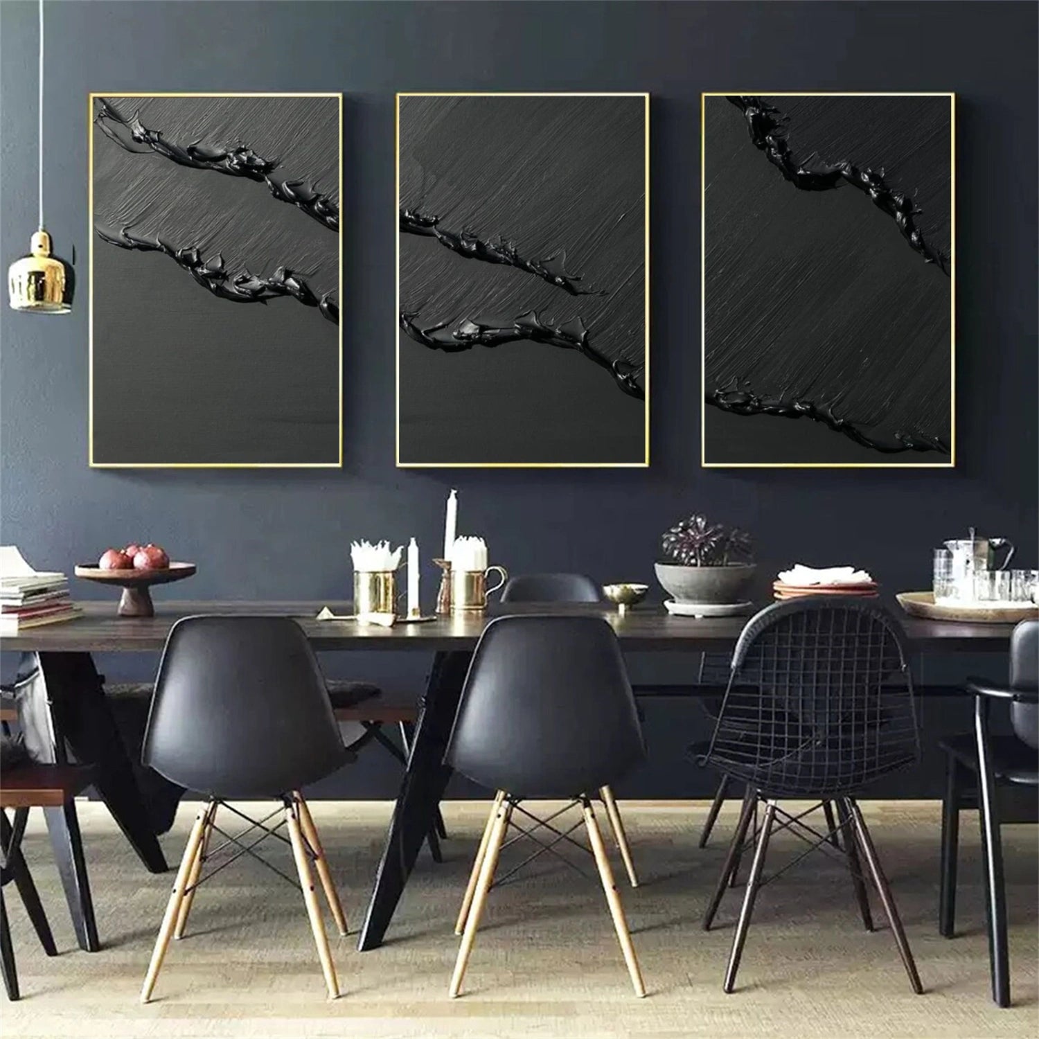 Black Minimalist Textured Set Of 3 Painting #MZ149