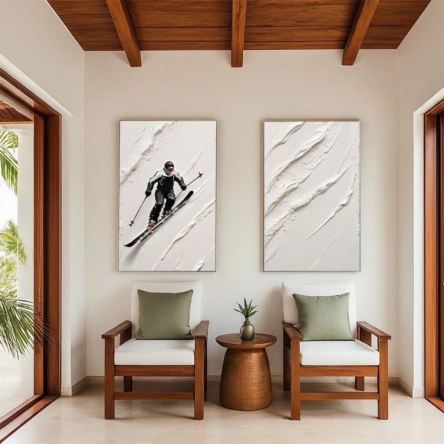 Beige & Black Skiing Sport Art Textured Set of 2 Painting Canvas # SA037