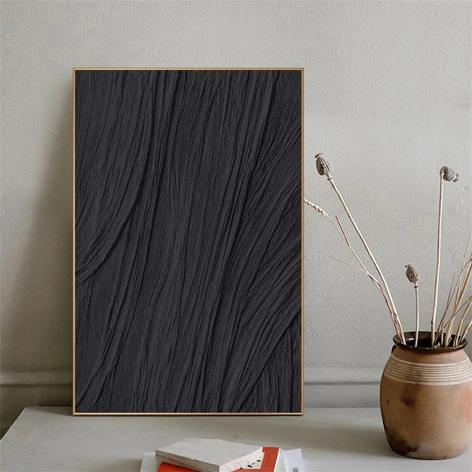 Black Minimalist Textured Painting Canvas #MZ097
