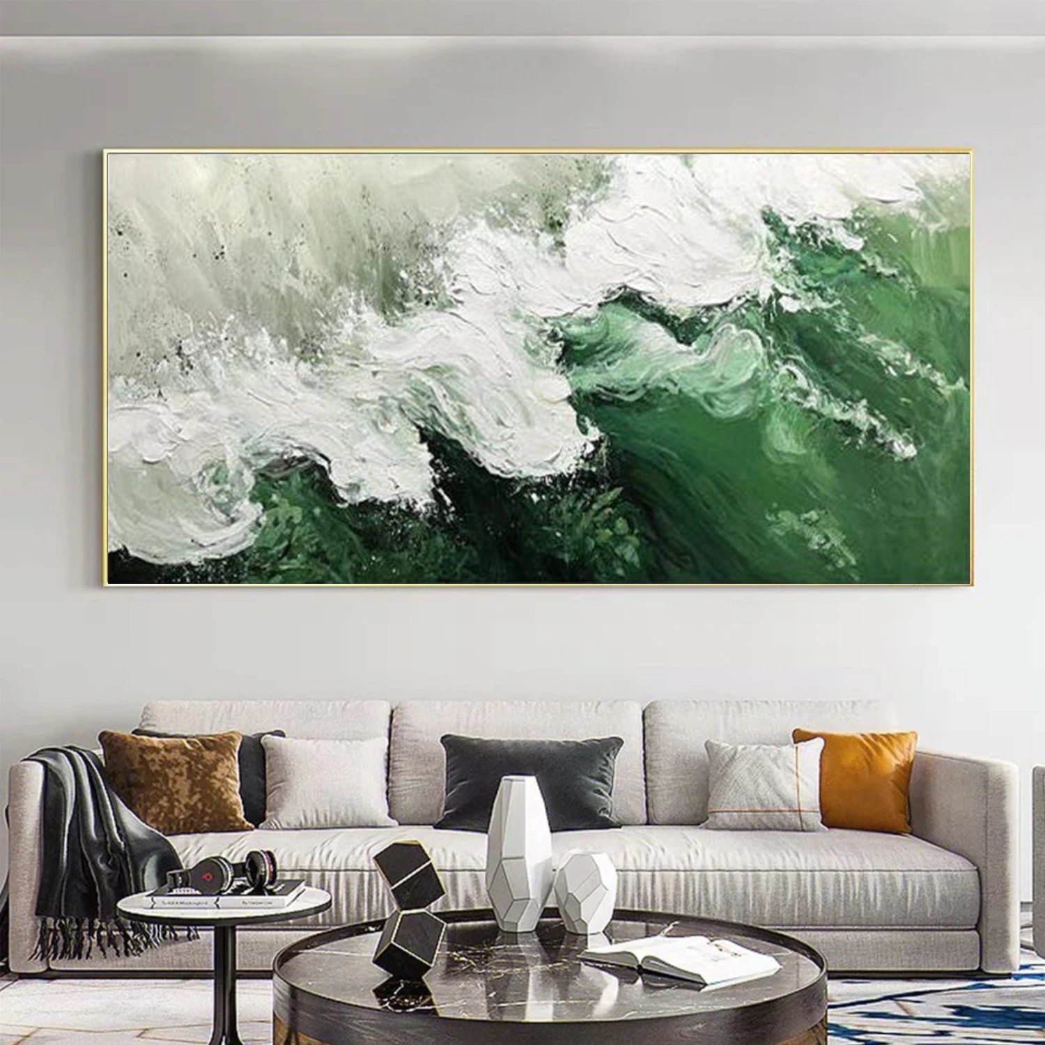 White & Green Ocean And Sky Abstract Textured Canvas Art #OS347