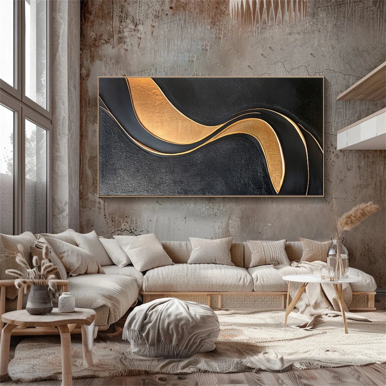 Black & Gold Minimalist Textured Canvas # MM431