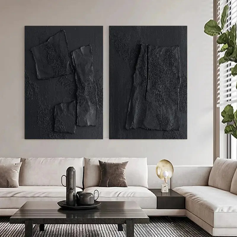 Black Plaster Art Minimalist Textured Paintings Set of 2 #MZ026