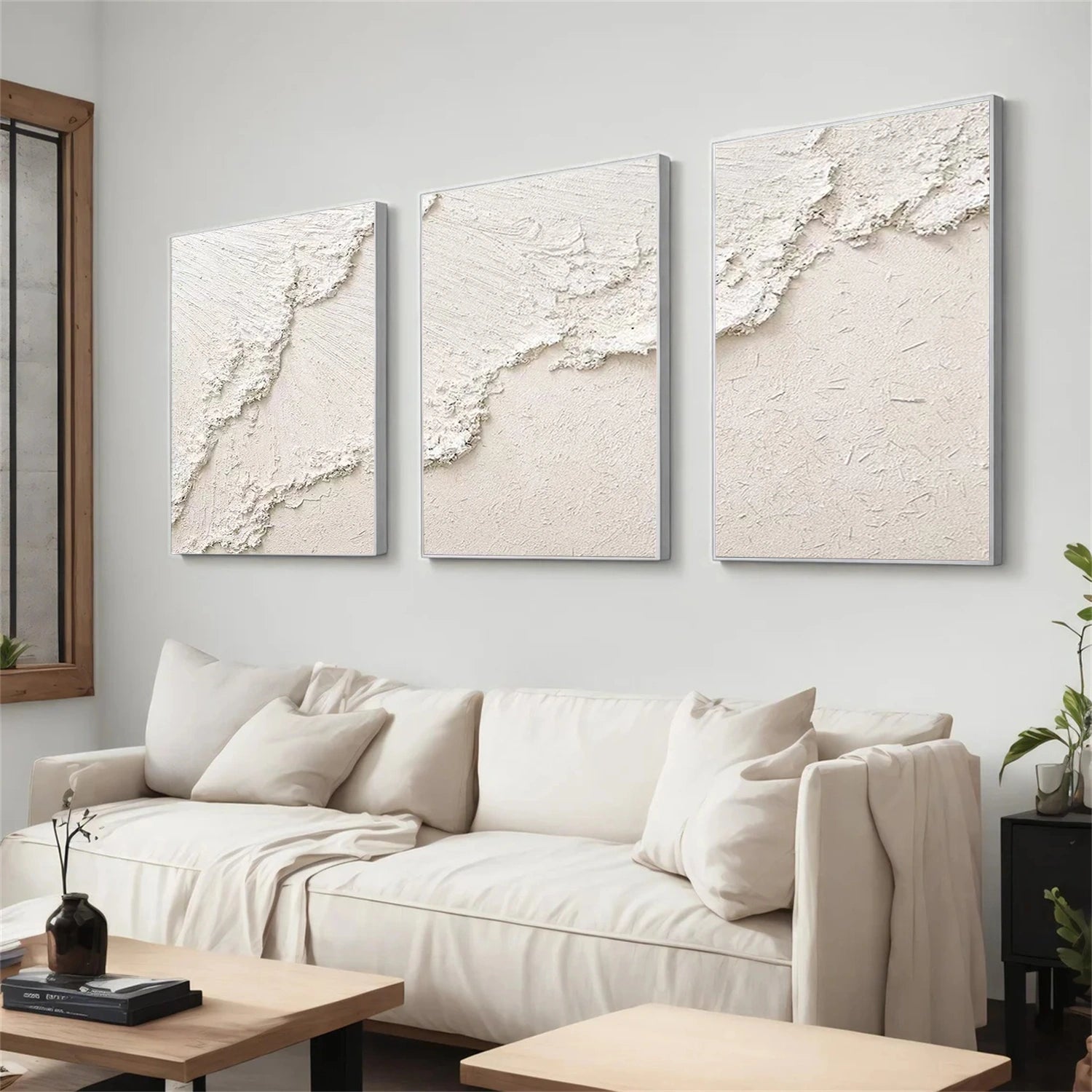 Beige Ocean And Sky Abstract Textured Canvas Art Set of 3 #OS339