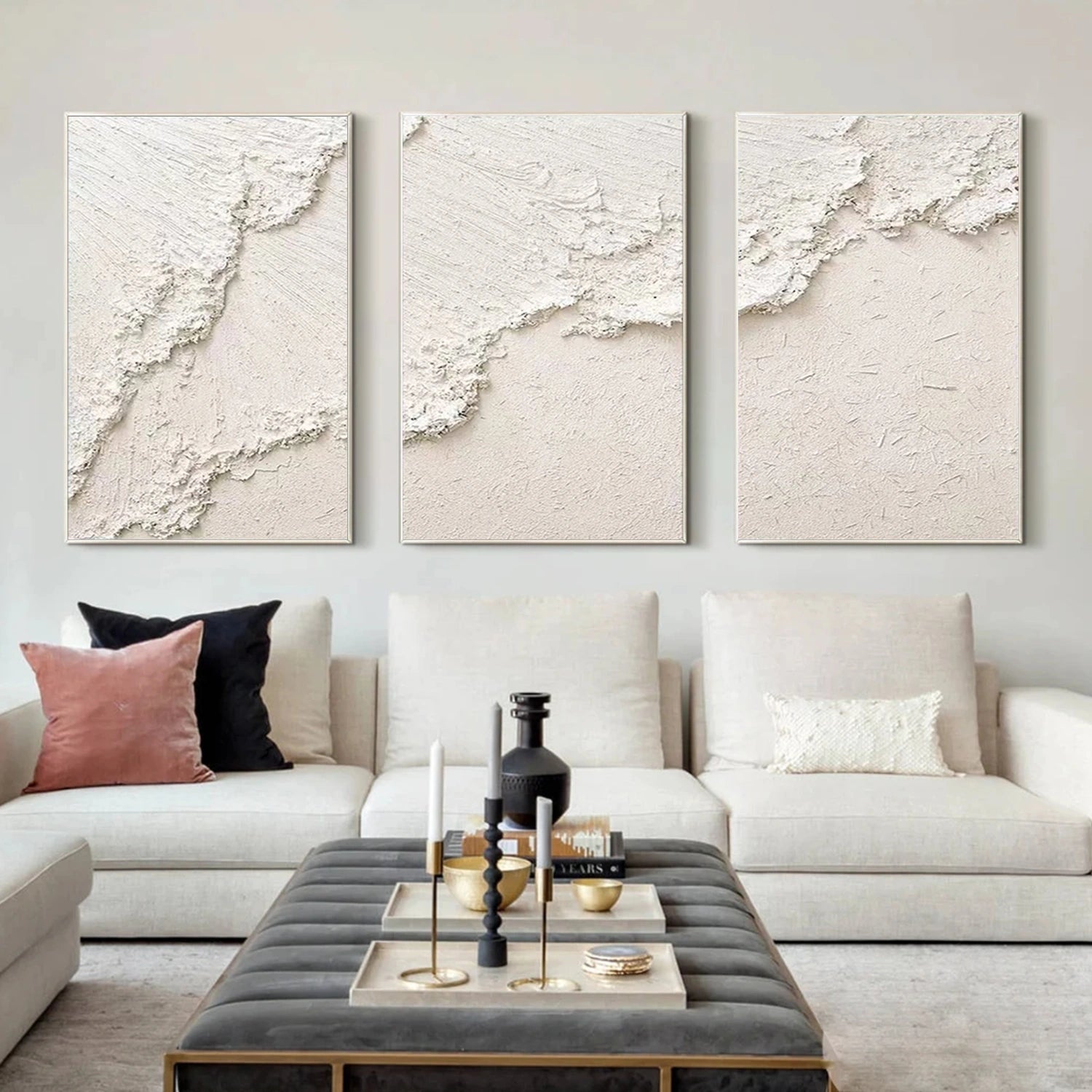 Beige Ocean And Sky Abstract Textured Canvas Art Set of 3 #OS339