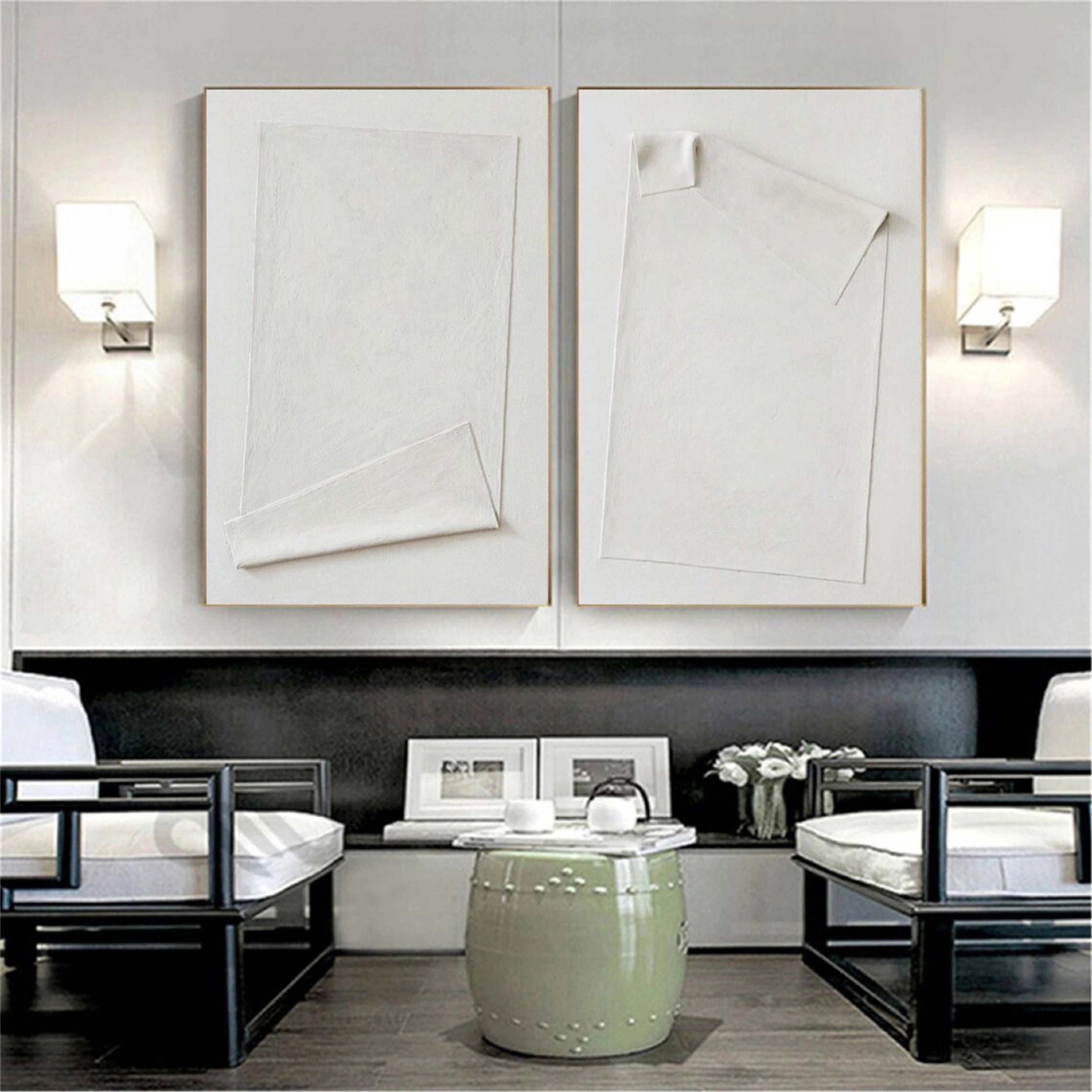 White Minimalist Textured Paintings Canvas Set of 2 #MM145