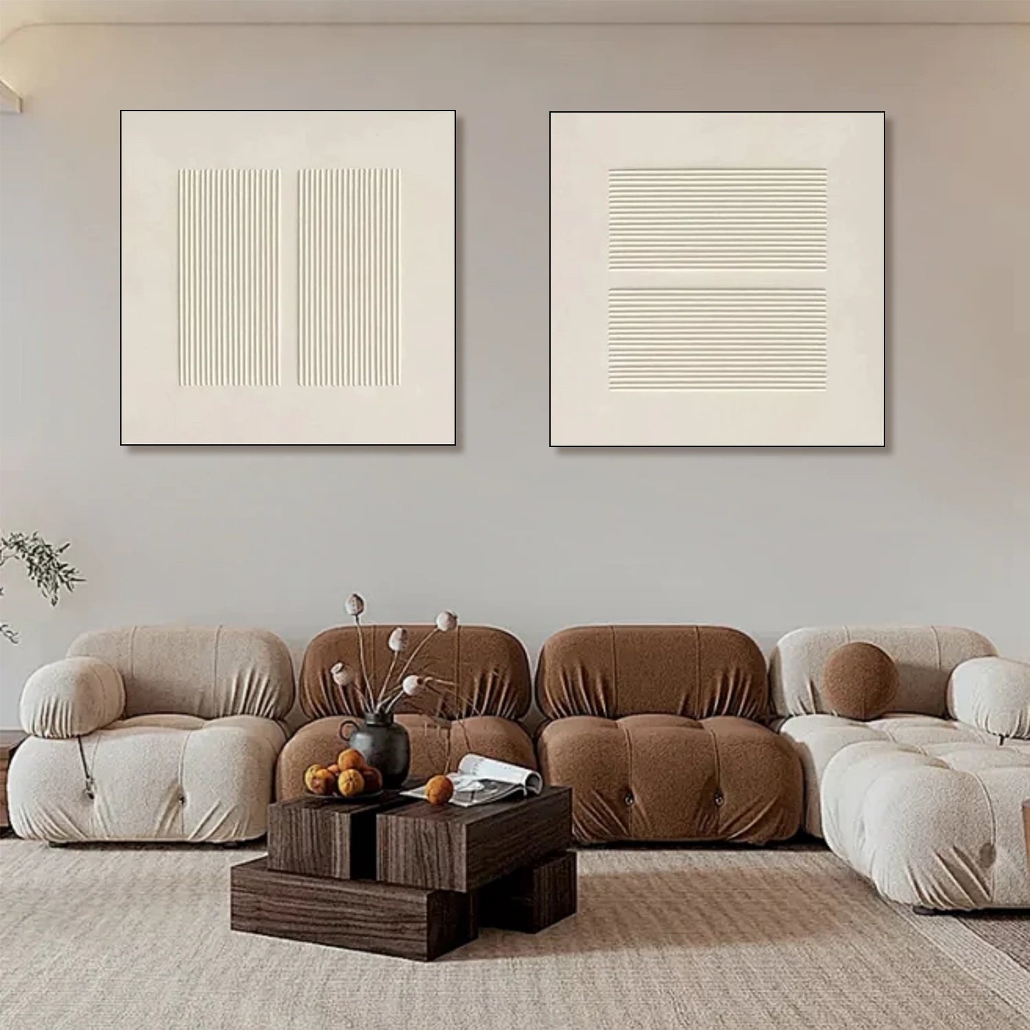 Beige Abstract Textured Square Set of 2 Wall Art #BB171