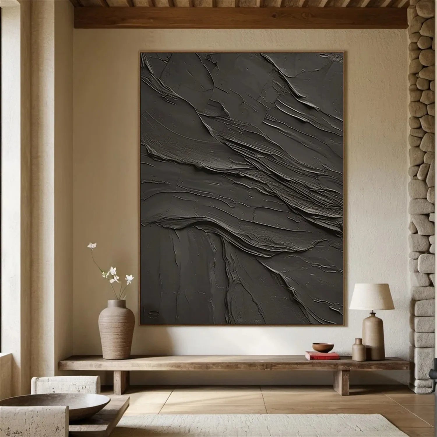 Black Plaster Art Minimalist Textured Painting #MZ111