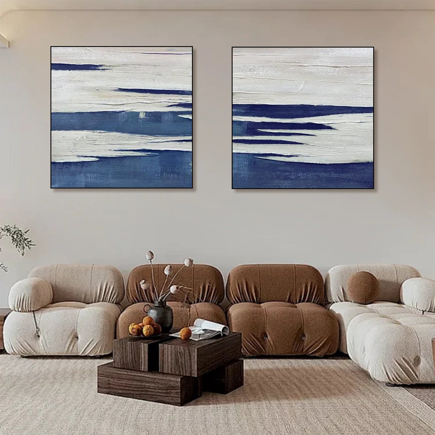 Blue & White Abstract Textured Square Set of 2 Wall Art #AB 509