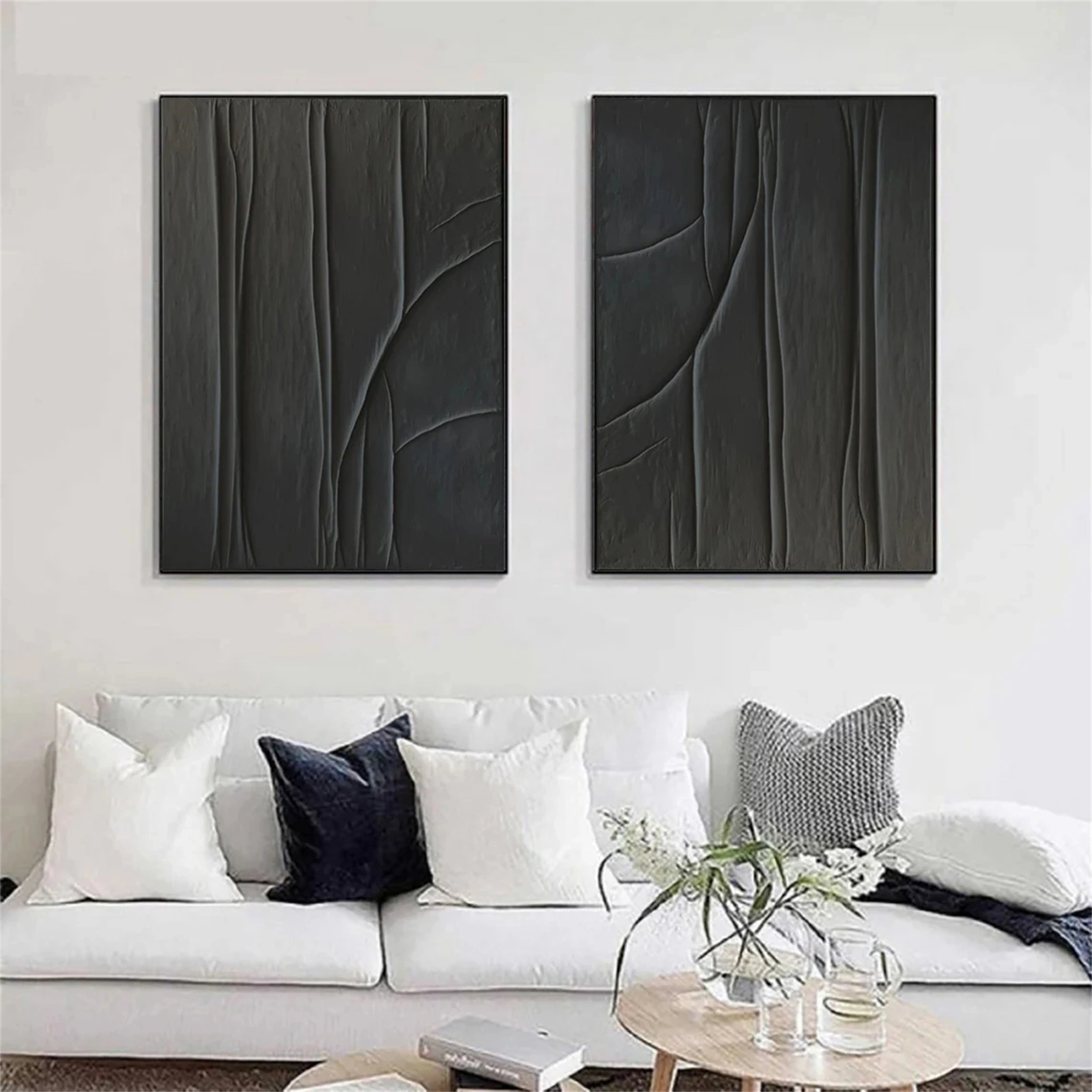 Black Minimalist Textured Painting Canvas Set of 2 #MZ078