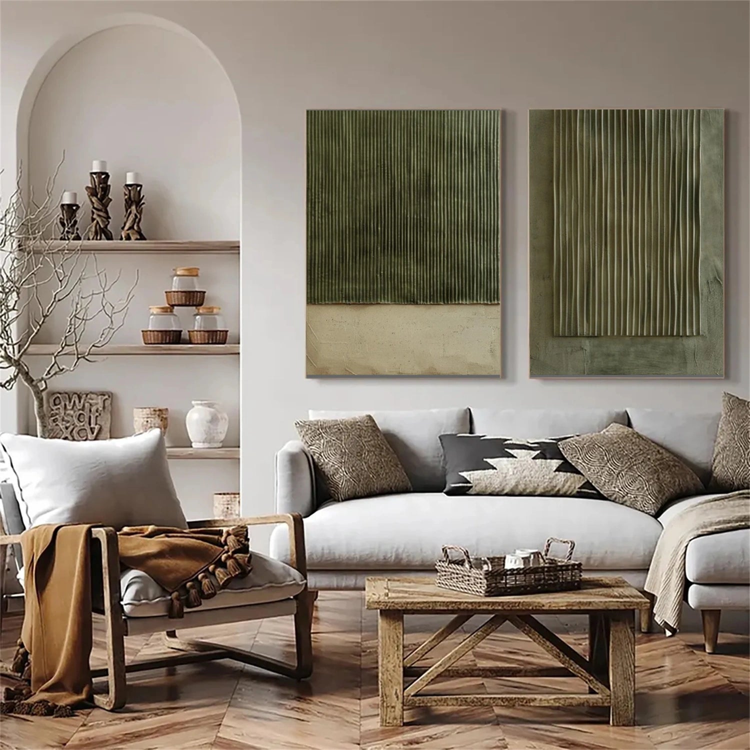Beige & Green Minimalist Textured Canvas Set of 2 #MM390
