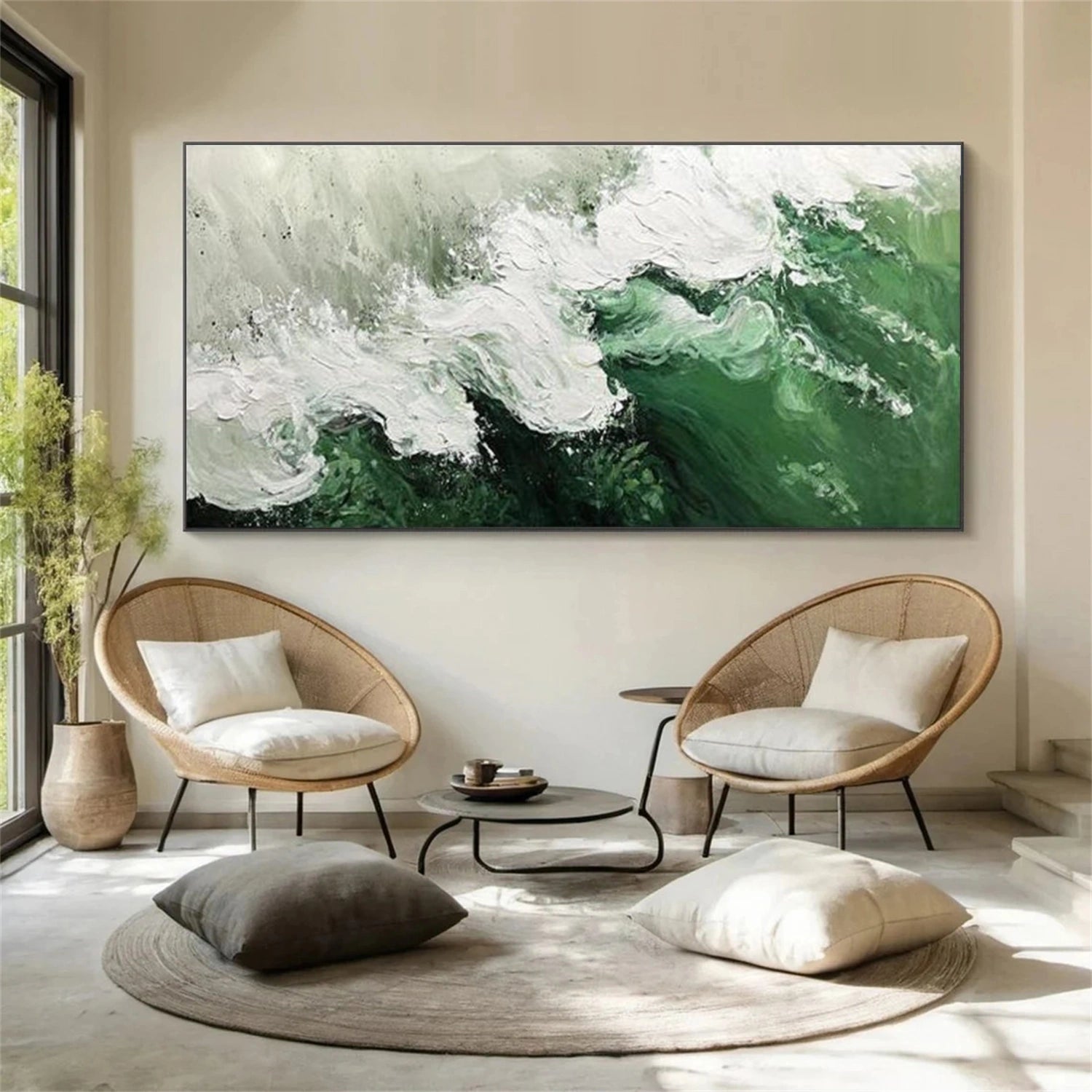 White & Green Ocean And Sky Abstract Textured Canvas Art #OS347