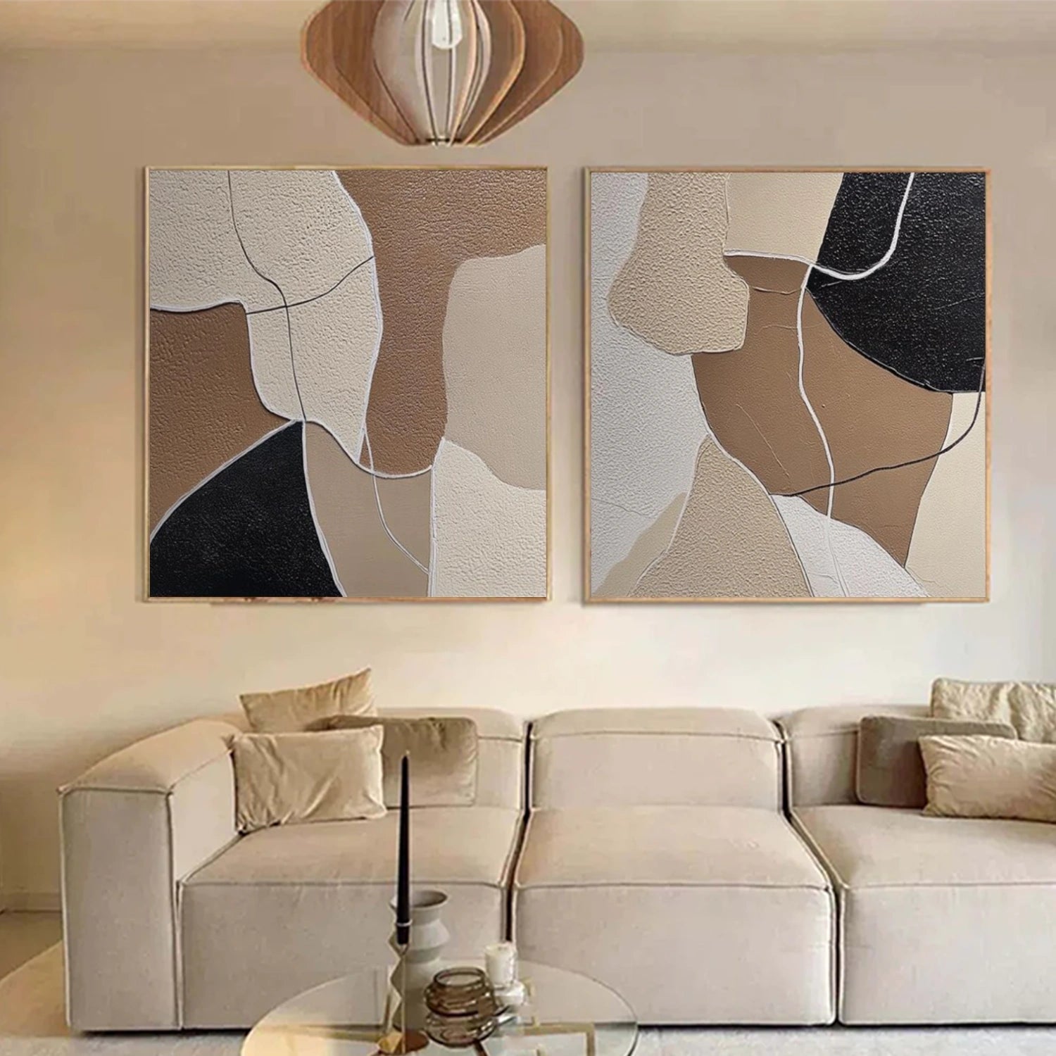 Beige & Brown Abstract Textured Square Set of 2 Wall Art #AB 562