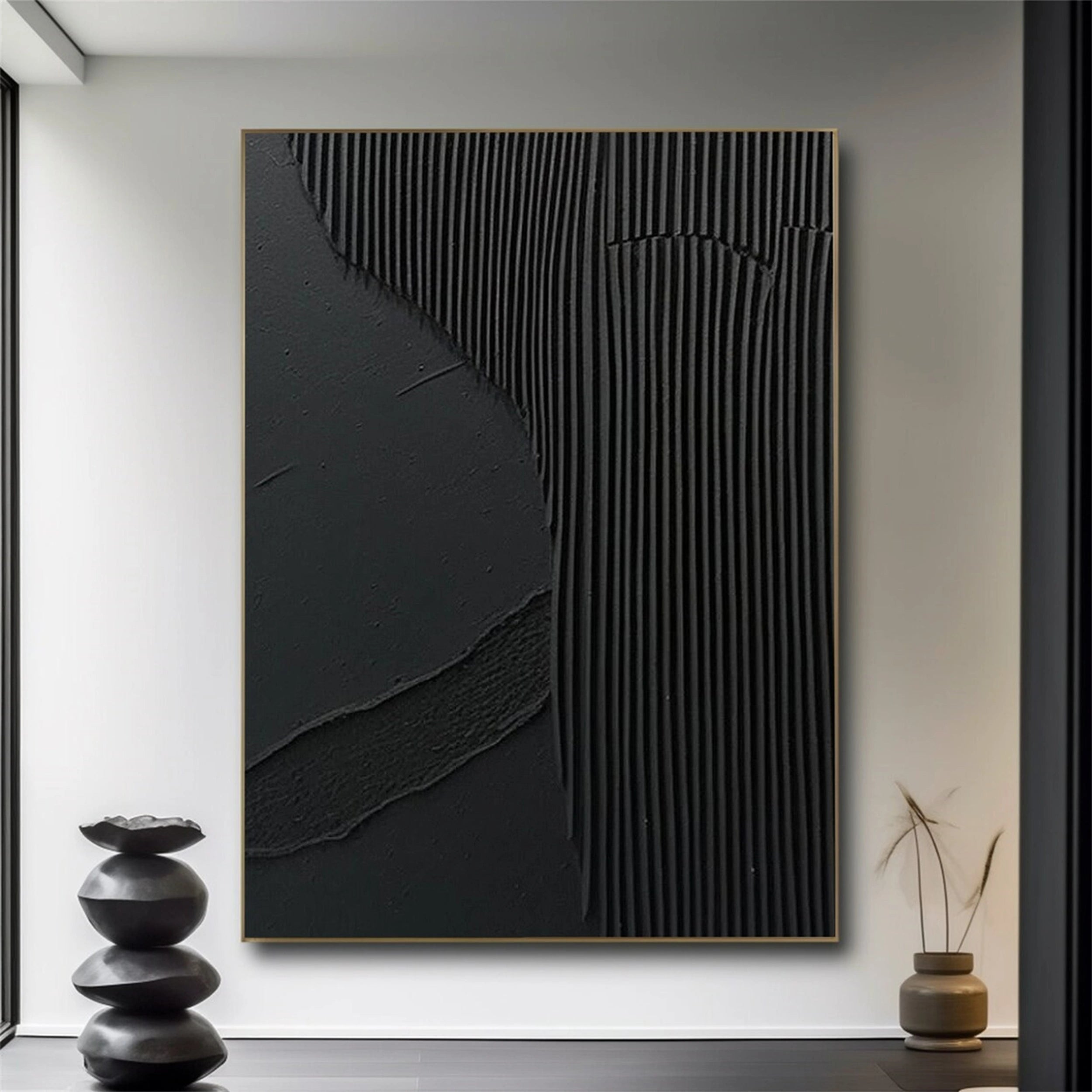 Black Minimalist Textured Painting Canvas #MZ075