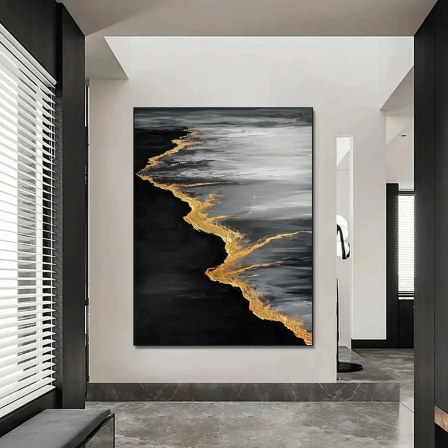 Black & Gold Ocean And Sky Abstract Textured Canvas Art #OS 288