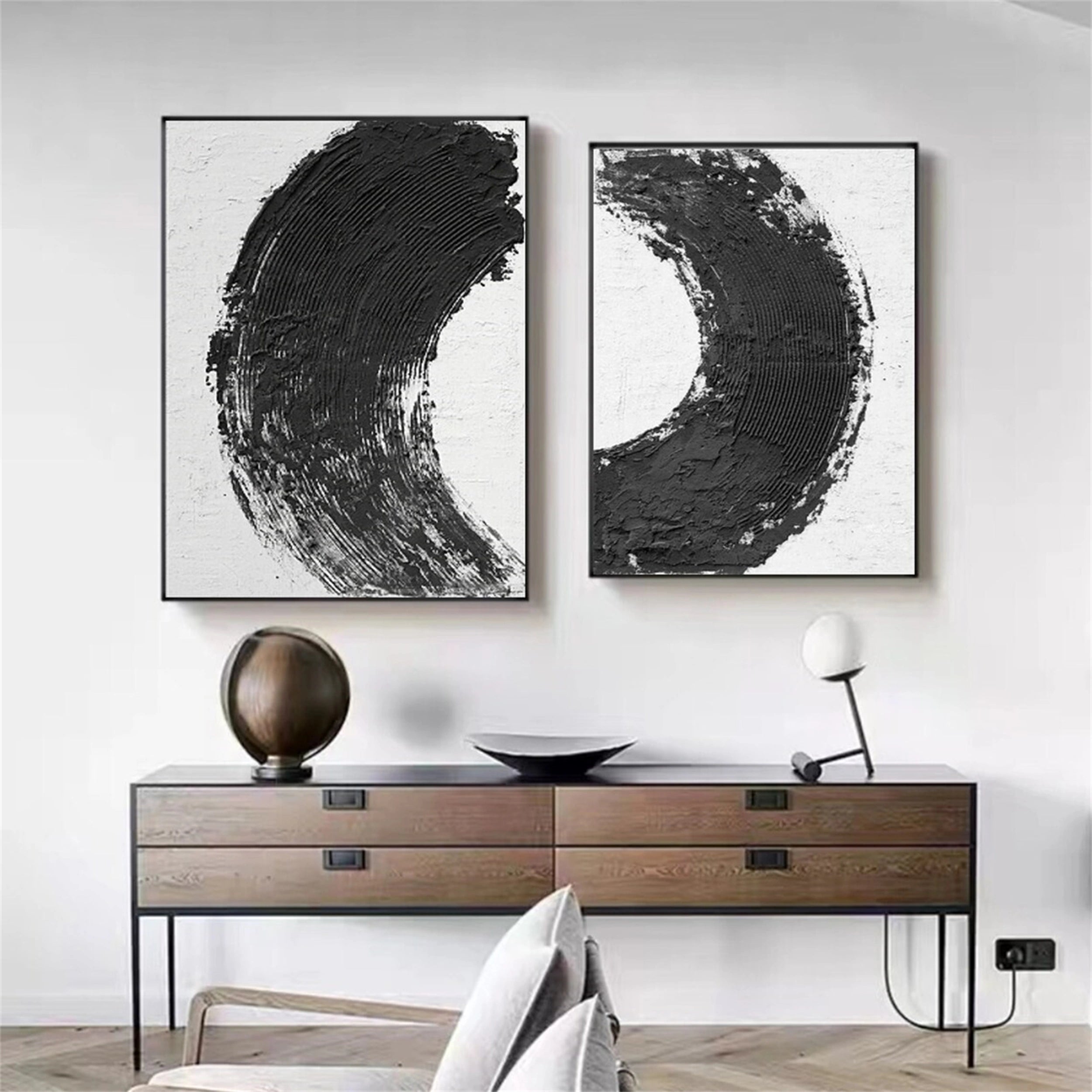 Black White Textured Minimalist Wall Art Set of 2 #MZ070