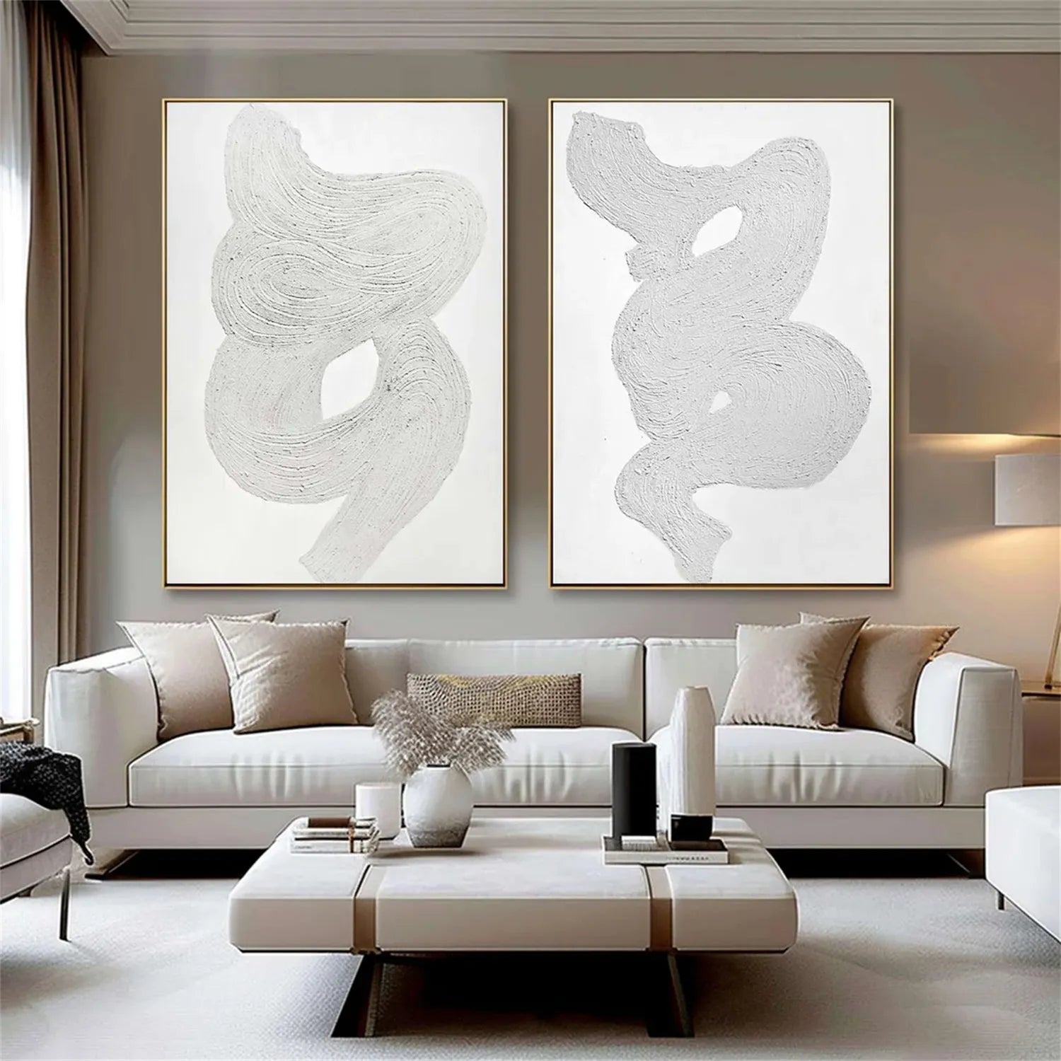 White Minimalist Textured Paintings Canvas Set of 2 #MM276