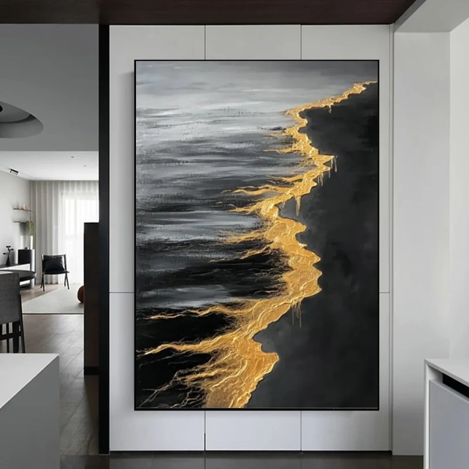 Black & Gold Ocean And Sky Abstract Textured Canvas Art #OS 312