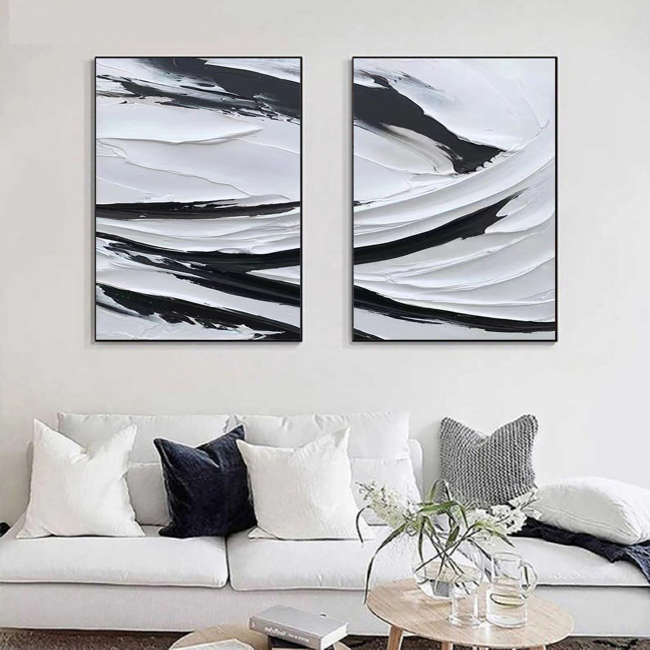 White & Black Minimalist Textured Painting Canvas #MM063