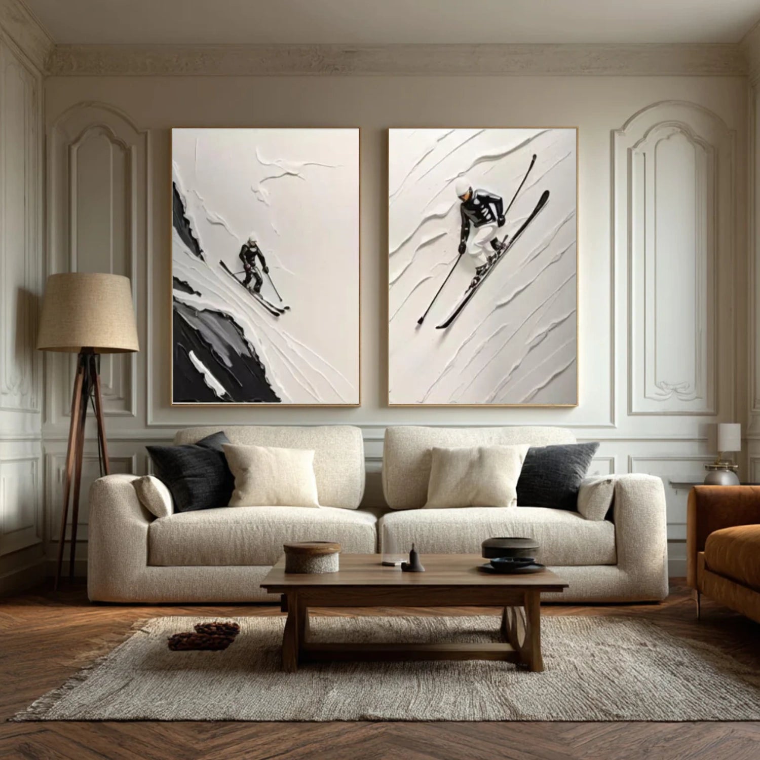 Beige & Black Skiing Sport Art Textured Set of 2 Painting Canvas # SA036