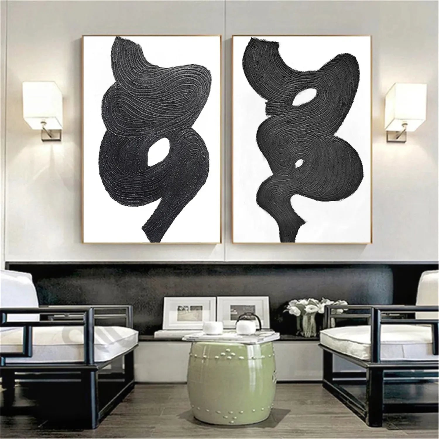 Black White Textured Minimalist Wall Art Set of 2 #MZ114