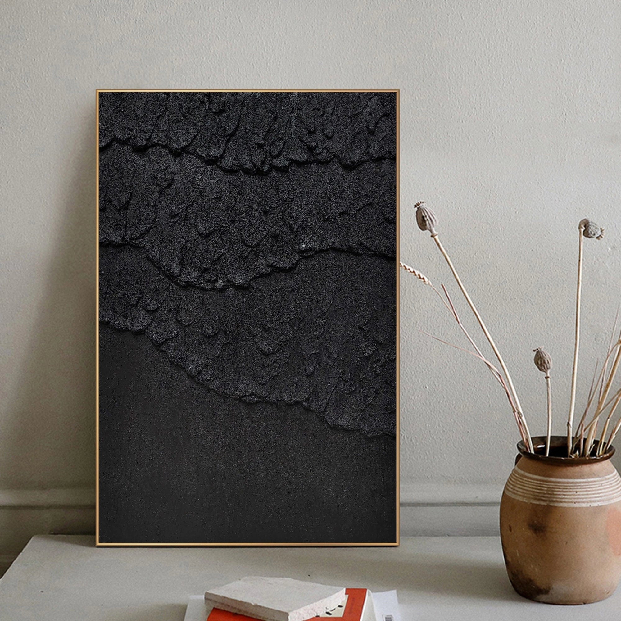 Black Plaster Art Minimalist Textured Painting #MZ017