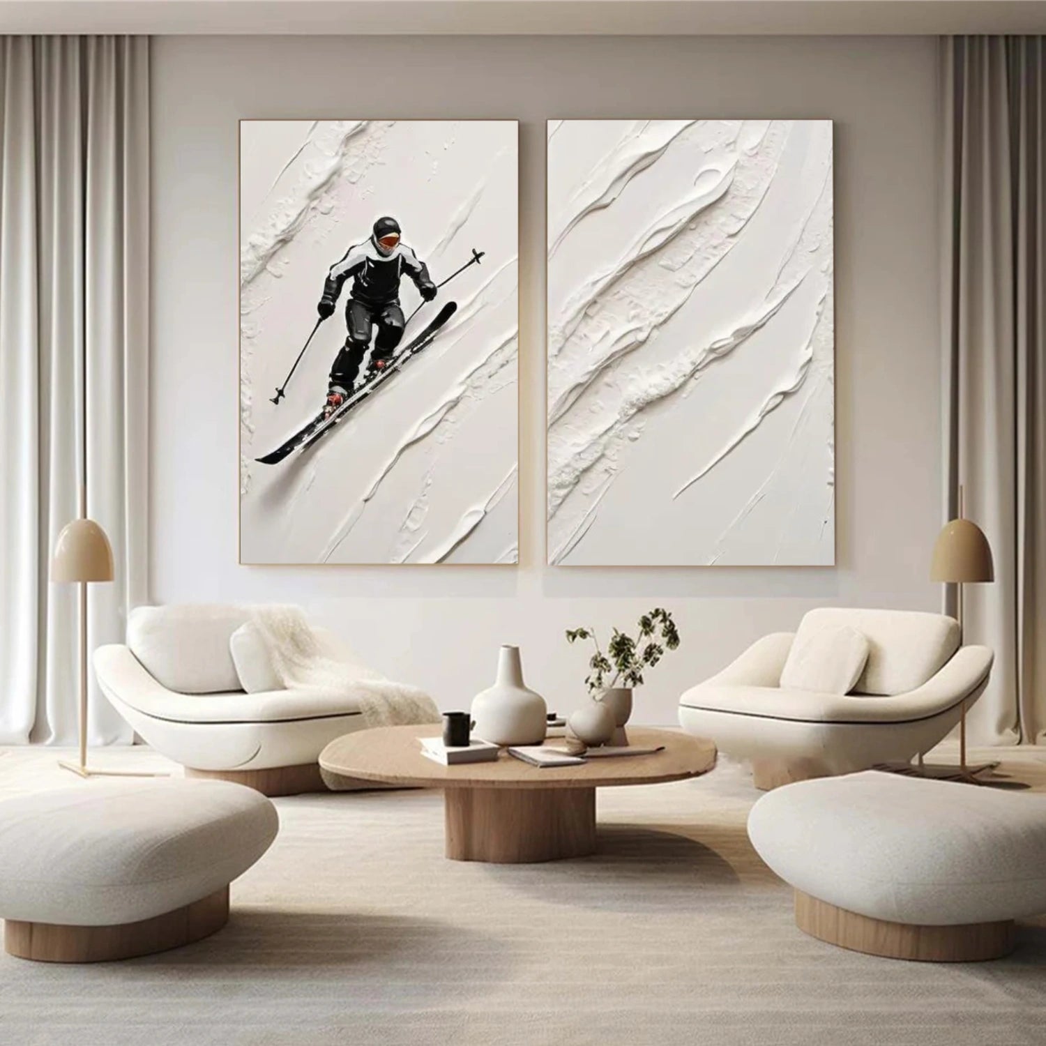 Beige & Black Skiing Sport Art Textured Set of 2 Painting Canvas # SA037