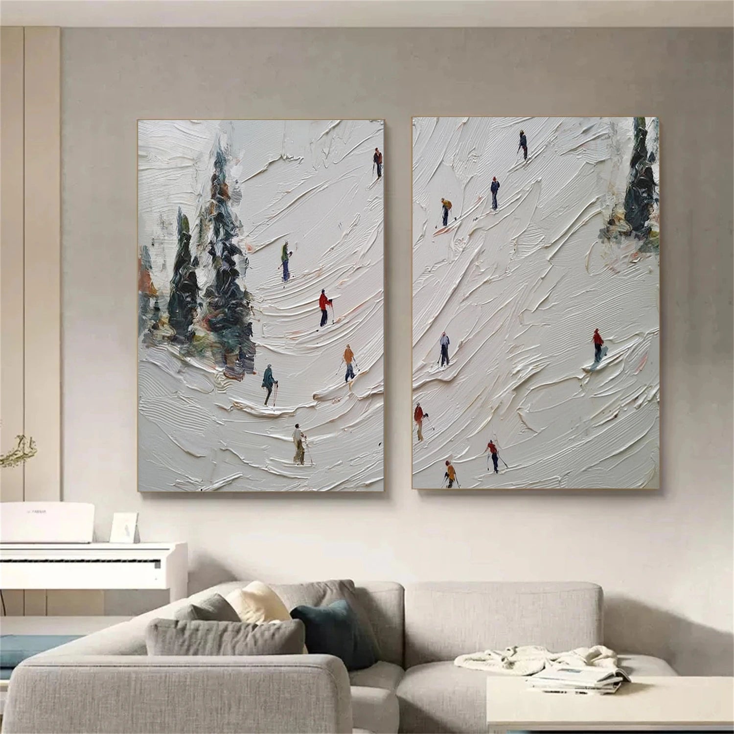 Skiing Sport Art Textured Painting Canvas Set of 2 # SA067