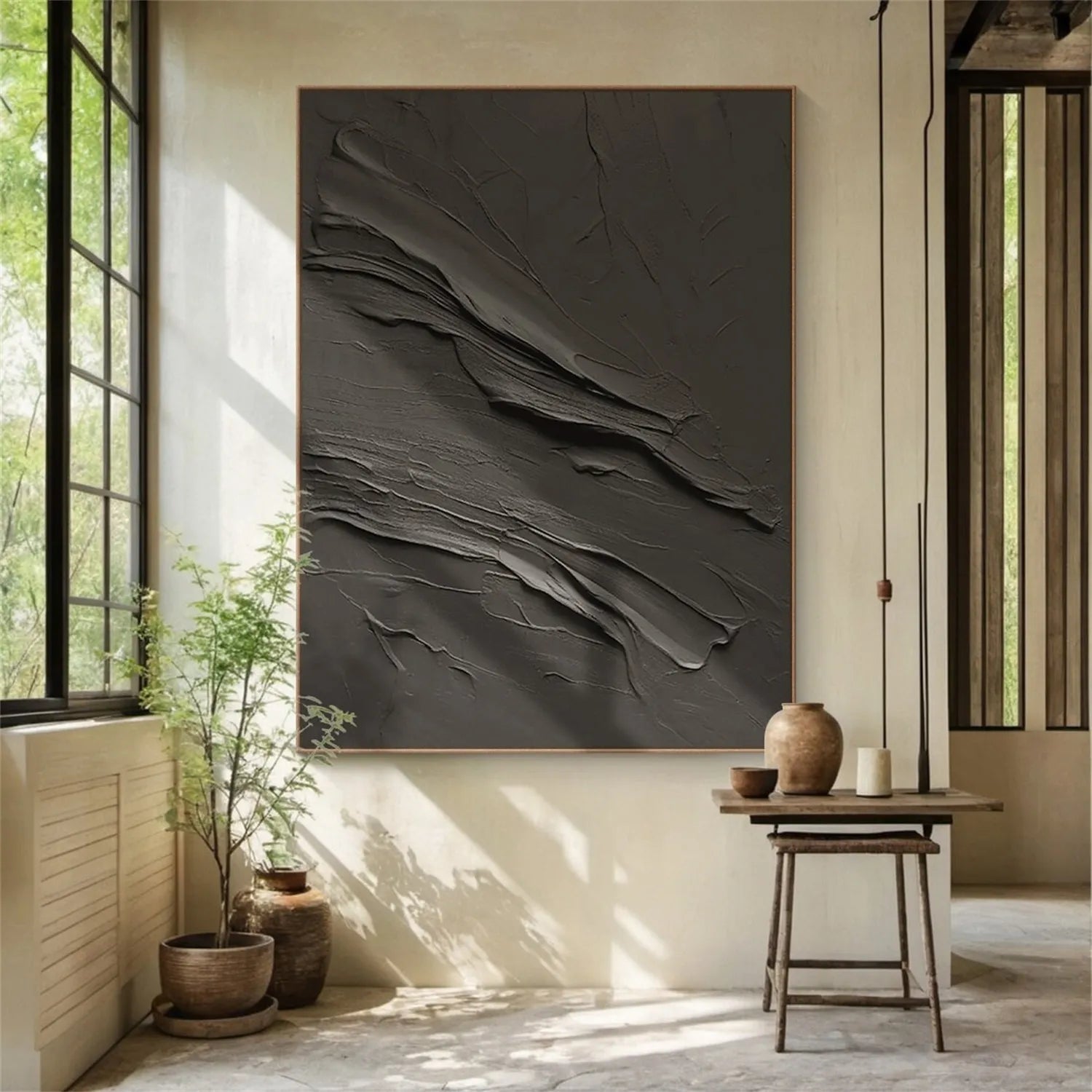Black Plaster Art Minimalist Textured Painting #MZ110