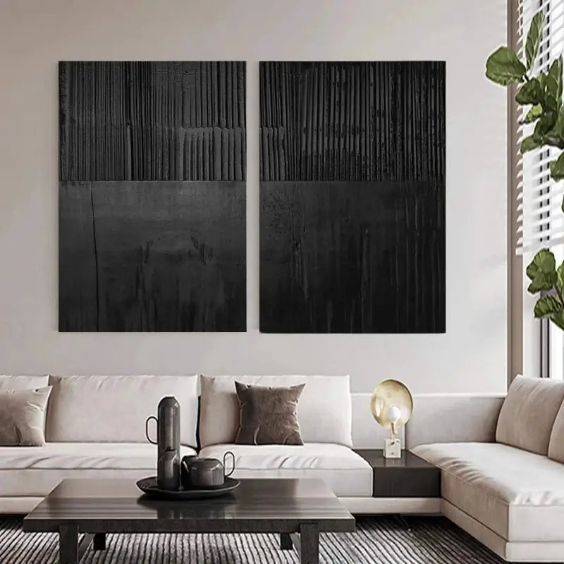Black Minimalist Textured Painting Canvas Set of 2 #MZ028