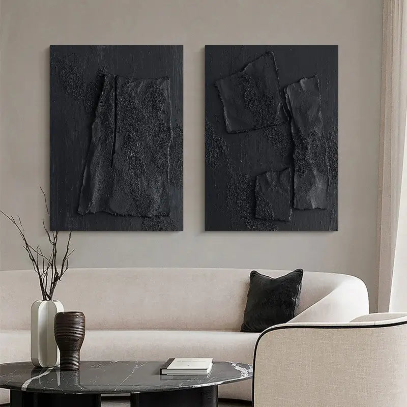 Black Plaster Art Minimalist Textured Paintings Set of 2 #MZ026