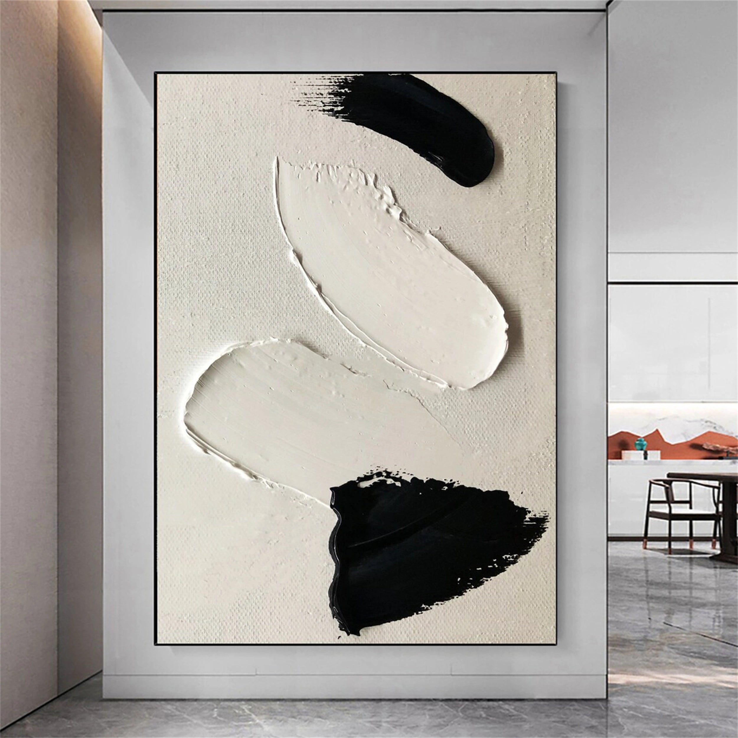White & Black Minimalist Textured Painting Canvas #MM138