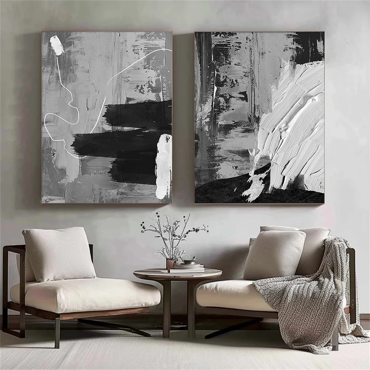 White and Black Minimalistic Texture Canvas Art Set of 2 #MZ153