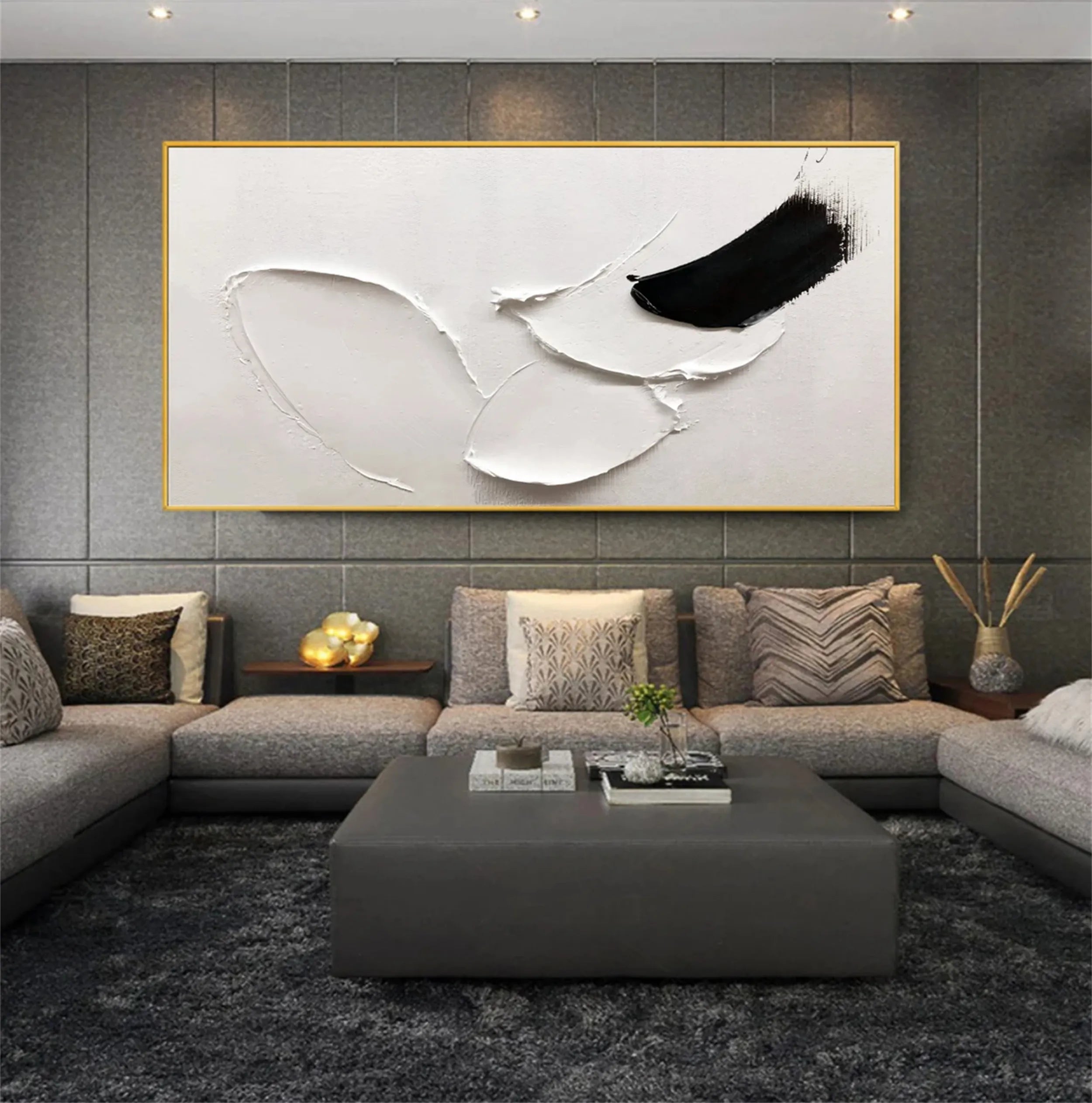 White & Black Minimalist Textured Painting Canvas #MM209