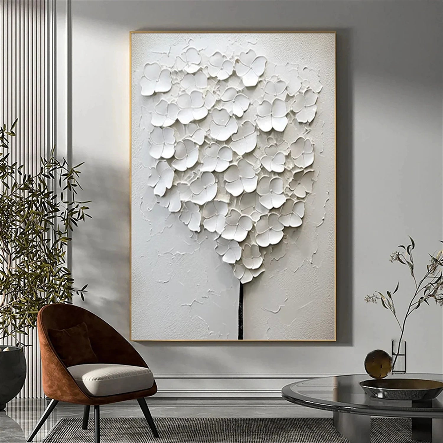 White Flower & Tree Abstract Texturte Canvas Art #FT 243