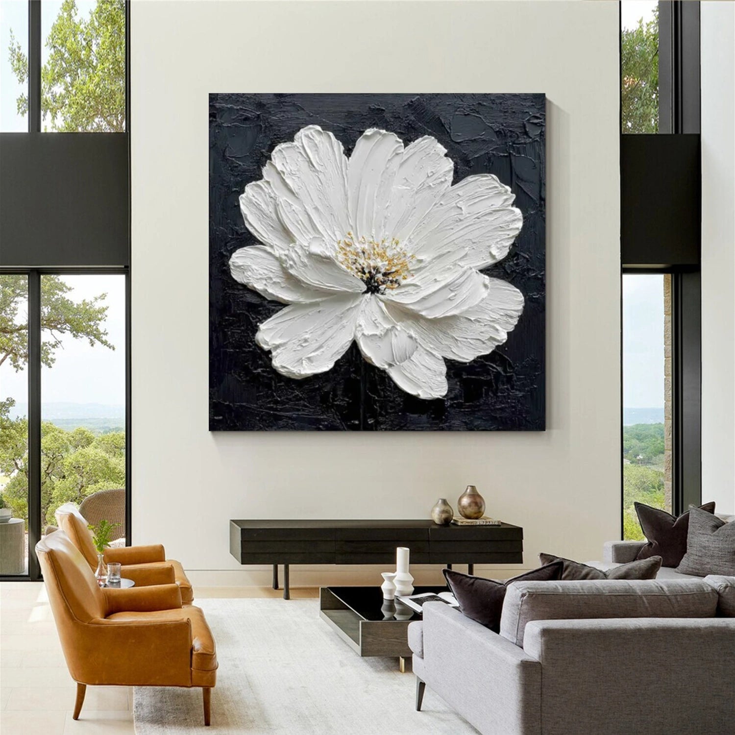 Black & White Flower & Tree Abstract Texture Canvas Art #FT 272