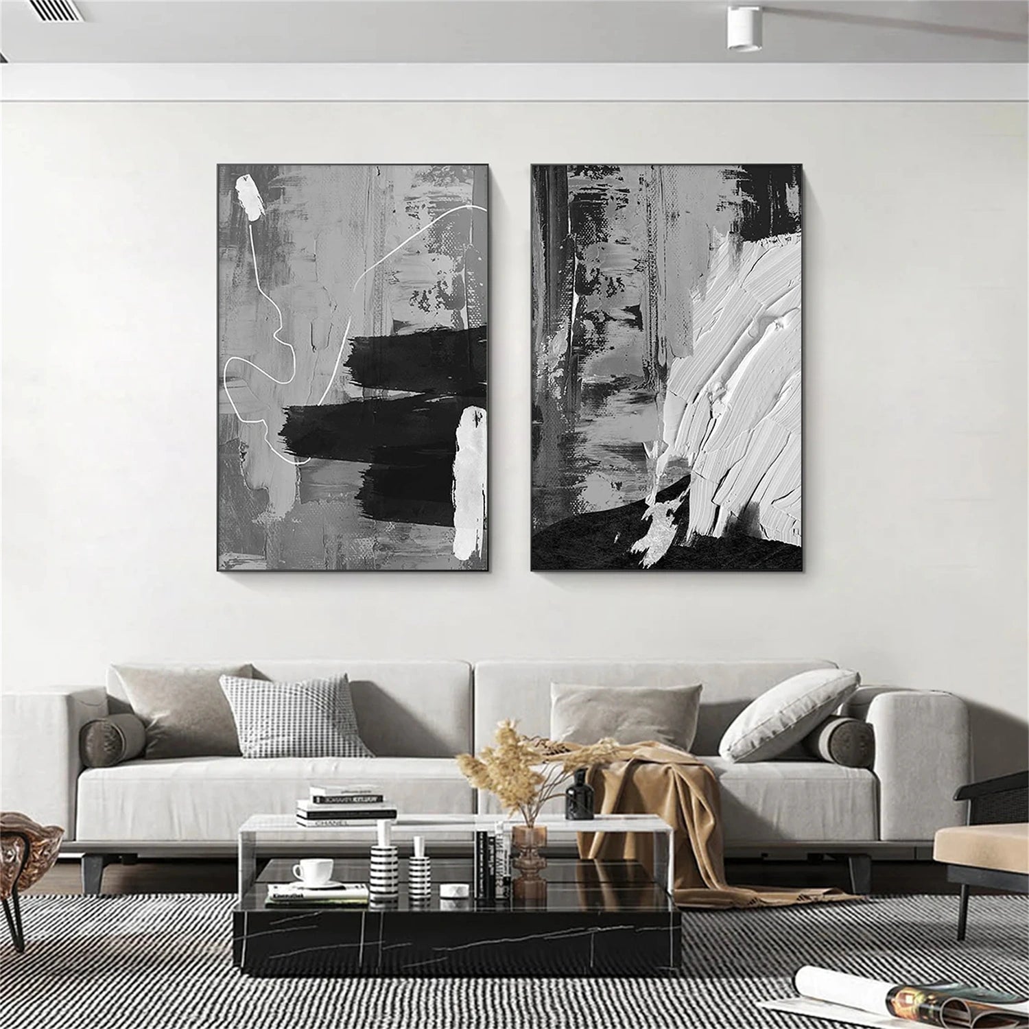 White and Black Minimalistic Texture Canvas Art Set of 2 #MZ153