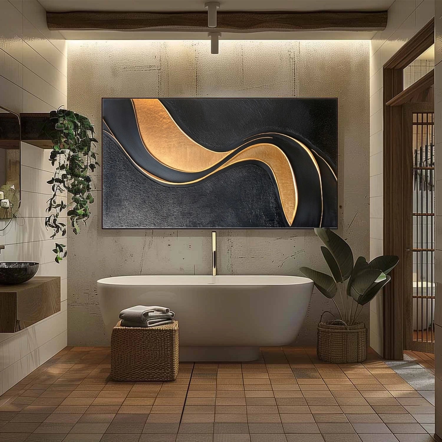 Black & Gold Minimalist Textured Canvas # MM431